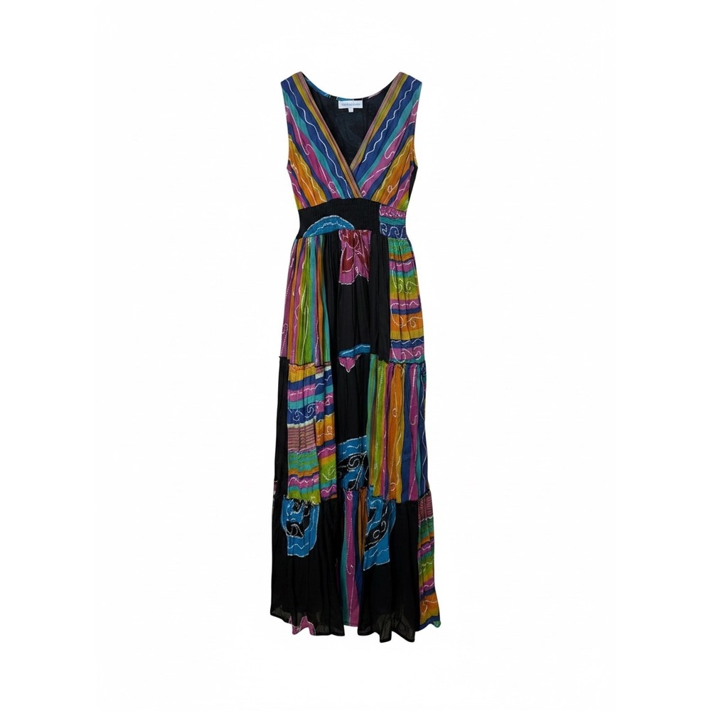 The Paragon Womens Cotton Boho Maxi Dress Multicolor Striped Smocked Waist M